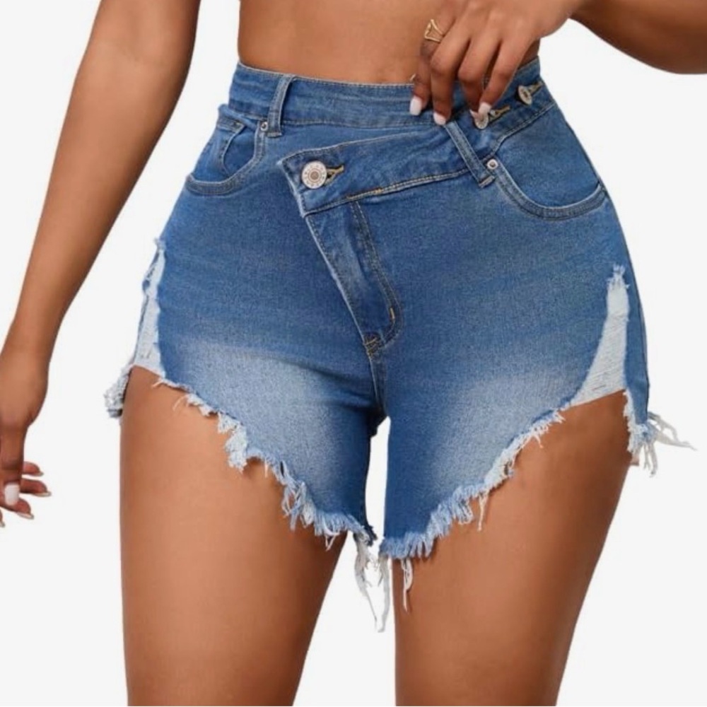 High-Waist Distressed Blue Denim Shorts